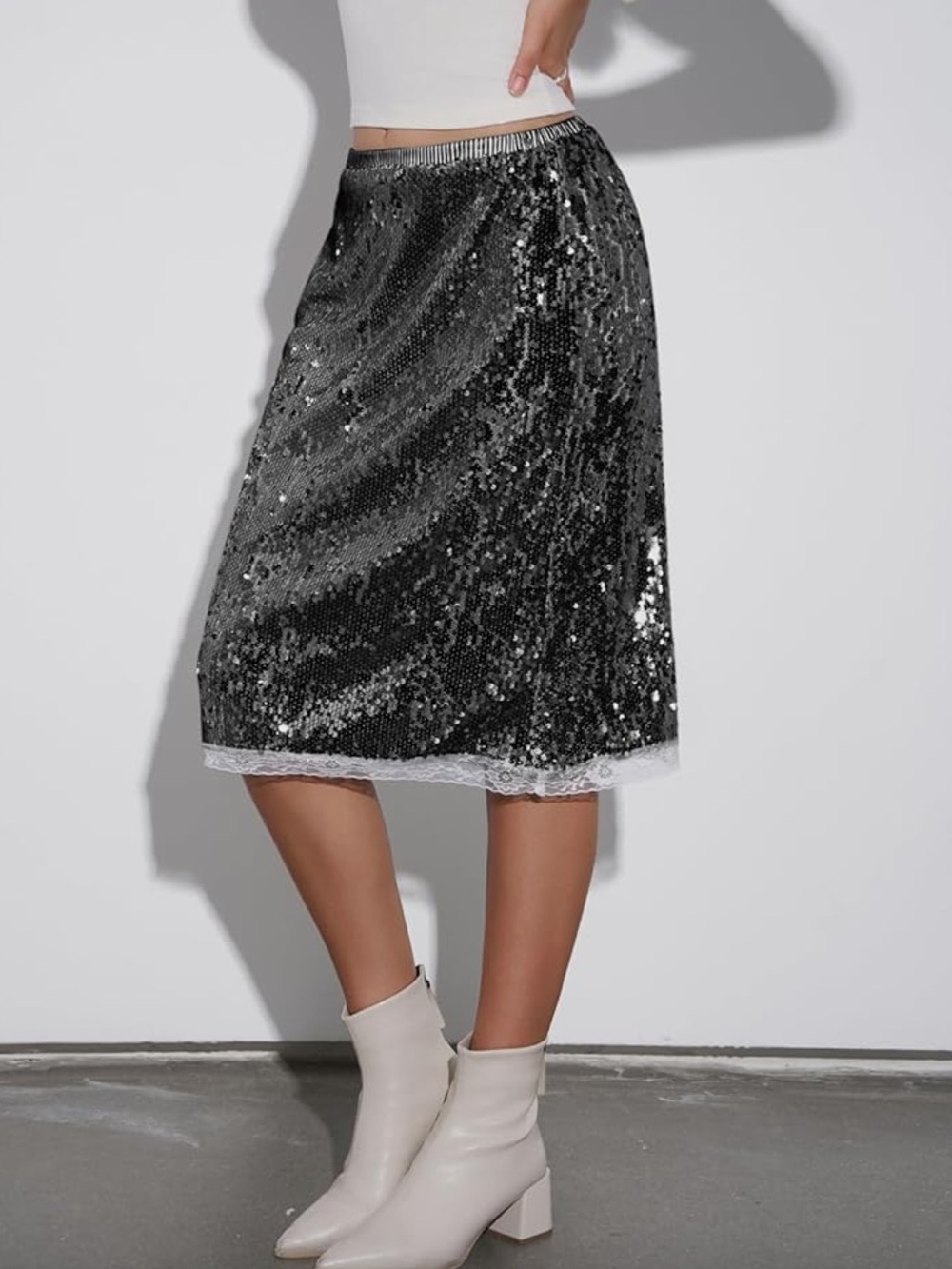 Sequin Midi Skirt with Lace Trim - Black